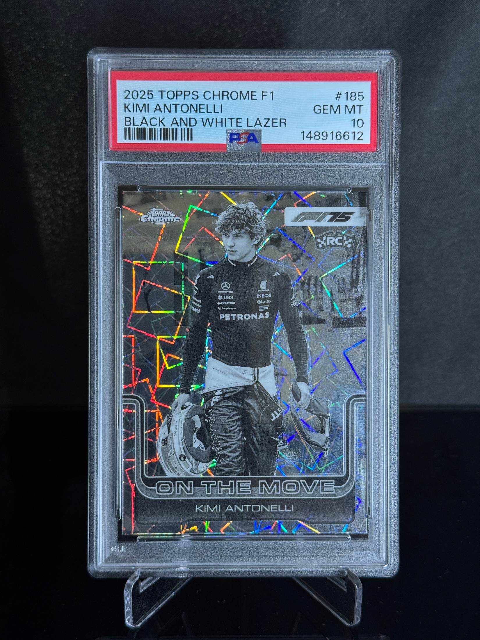 2025-26 Topps Chrome F1 Kimi Antonelli Black and White Lazer RC front